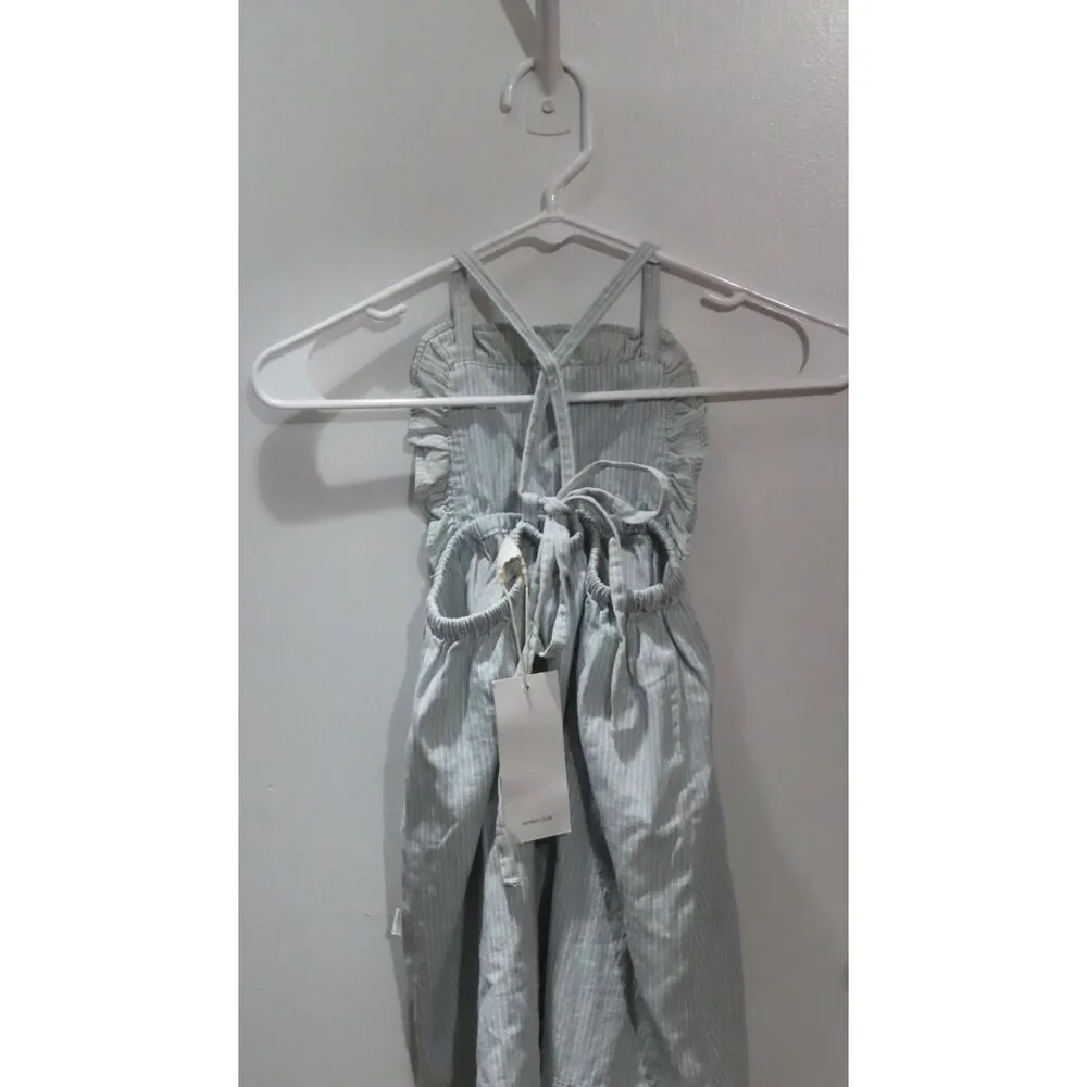 Classic Cottagecore Light Blue Striped Ruffle-Trim Cross-Back Sundress Size 3Y
